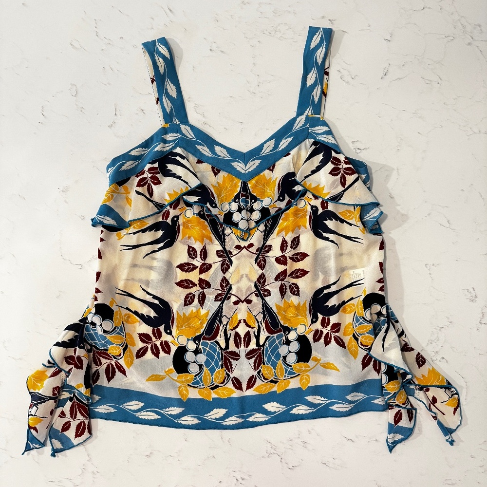 Anna Sui Silk Printed Tank Top with Side Ruffles – Size 2